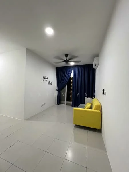 Living features: white painted walls, grey tiled flooring, 5-blade ceiling fan, wall-mounted split AC, yellow fabric sofa, floor-to-ceiling windows, blue curtains, decorative wall art; style: modern.