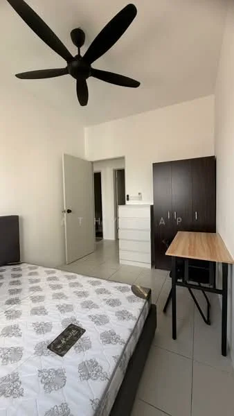 Bedroom features: queen-size bed with patterned bedding, black ceiling fan, white painted walls, light grey tiled flooring, wooden bedside table, dark wood wardrobe, white dresser, door leading to hallway; style: modern.