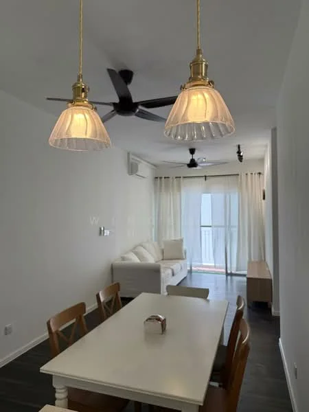 Dining features: white dining table, 4 wooden dining chairs, pendant lighting with glass shades, 5-blade ceiling fan, light grey walls, sliding glass door, floor-to-ceiling curtains, dark wood flooring, sofa in background, TV console in background; style: modern.