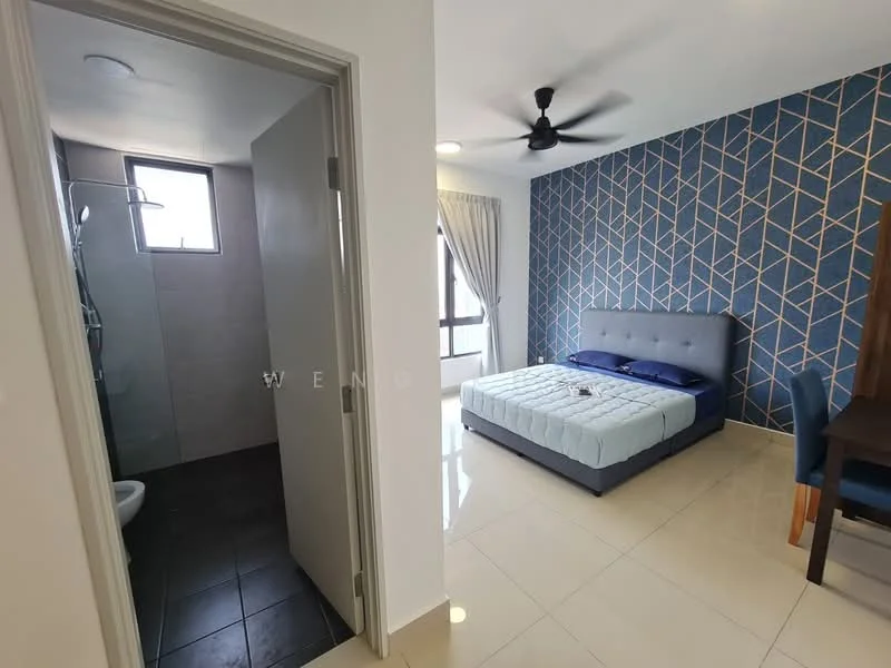 Bedroom features: king-size bed with blue bedding, upholstered headboard, ceiling fan, decorative accent wall with geometric pattern, floor-to-ceiling window with sheer curtains, tile flooring, wall-mounted light fixture, nightstand, dining table with chairs; style: modern; view: city. Bathroom features: glass shower enclosure, toilet, tile flooring, wall-mounted mirror, shower head.
