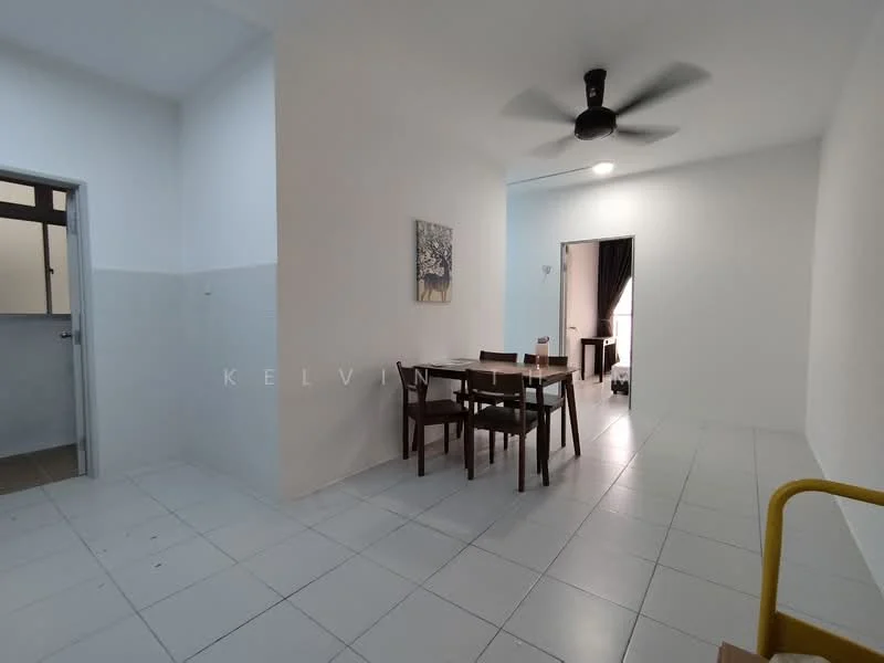 Dining features: white painted walls, white tiled flooring, 5-blade ceiling fan, dining table with 4 wooden chairs, wall-mounted artwork, doorway leading to kitchen, doorway leading to hallway, natural light from window; style: modern. Room features: white painted walls, white tiled flooring, doorway leading to dining area, doorway leading to living area.