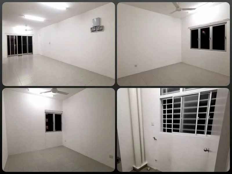 Room features: white painted walls, plain ceiling, floor-to-ceiling windows, sliding glass door, tile flooring, ceiling fan, window with metal grille, plumbing fixture visible.