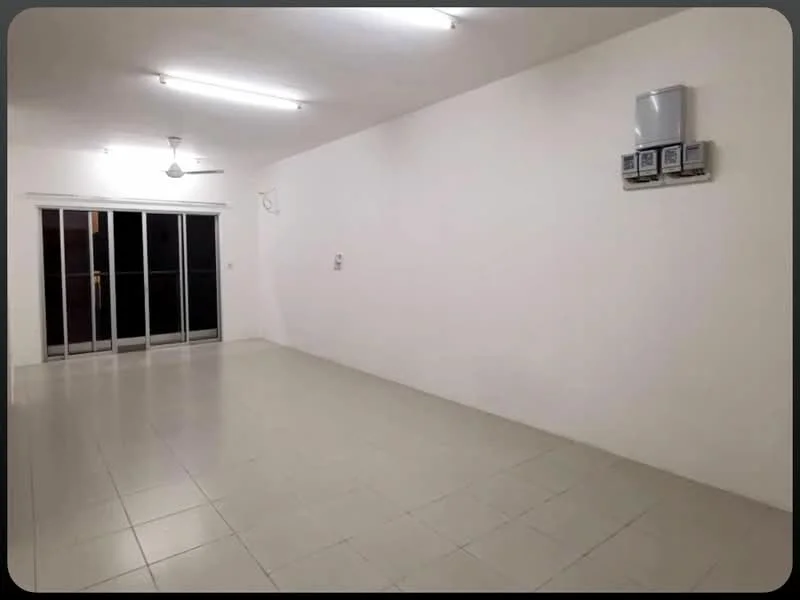 Room features: white painted walls, tile flooring, ceiling with fluorescent lights, 1 ceiling fan, sliding glass door, 2 air conditioning units on wall; style: modern.