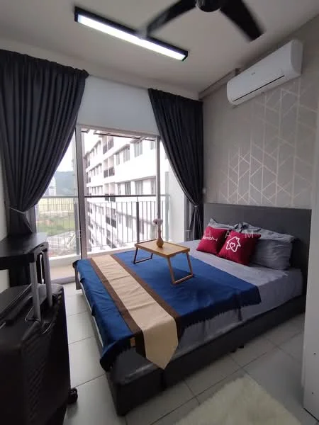 Bedroom features: queen-size bed with blue bedding, upholstered headboard, bedside table, decorative pillows, floor-to-ceiling windows, curtains in dark grey, wall-mounted air conditioning unit, recessed LED lighting, white painted walls, tile flooring; style: modern; view: city.
