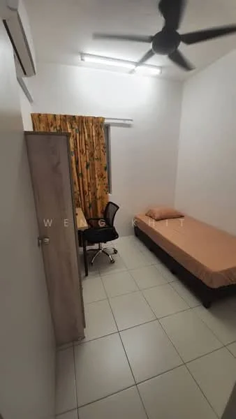 Bedroom features: single bed, wooden bed frame, desk with chair, ceiling fan, air conditioning unit, curtains with floral pattern, tiled flooring, white painted walls; style: minimalist.
