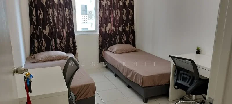 Bedroom features: two single beds with beige bedding, white walls, floor-to-ceiling window with sheer curtains, tile flooring, study desk with chair, small potted plant on desk, built-in wardrobe, air conditioning unit visible; style: modern.