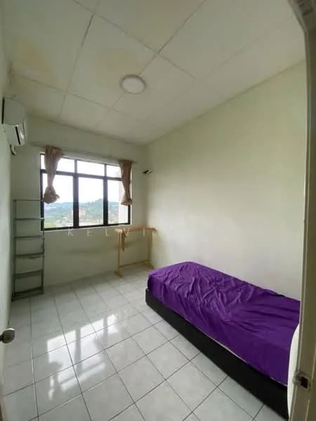 Bedroom features: single bed with purple bedding, white painted walls, white ceiling, tile flooring, floor-to-ceiling window, curtains, 1 wall-mounted split AC, open shelving unit, wooden clothes rack; view: city.
