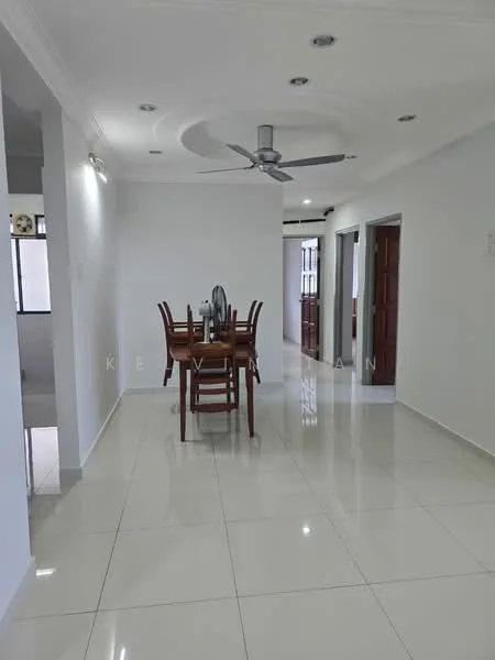 Dining features: white painted walls, glossy ceramic tile flooring, tray ceiling with recessed lighting, 5-blade ceiling fan with light, wooden dining table with four chairs, decorative centerpiece on table, open layout to hallway, natural light from windows; style: modern. Hallway features: white painted walls, glossy ceramic tile flooring, doorway leading to other rooms, natural light from windows; style: modern.
