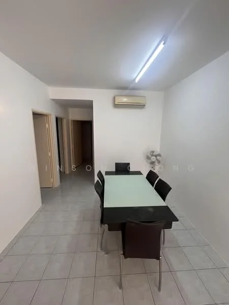 Dining features: white painted walls, tile flooring, dining table with glass top, black dining chairs, 1 wall-mounted split AC, 1 ceiling fan, recessed lighting, neutral decor; style: modern. Room features: white painted walls, tile flooring.