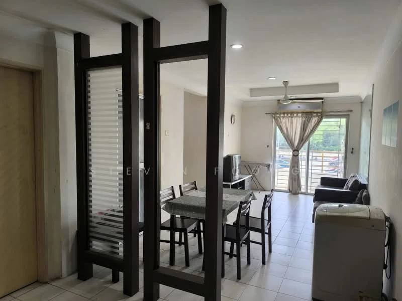 Living features: white painted walls, tile flooring, 5-blade ceiling fan with light, sliding glass door, sheer curtains, sofa in dark color, coffee table, dining table with 6 chairs, wall-mounted clock, decorative wall paneling, window with view to outside; style: modern; view: garden. Room features: washing machine, open layout, natural light from windows.