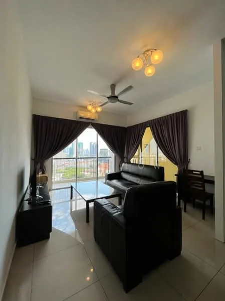 Living features: black leather sofa, coffee table, TV console, wall-mounted TV, 5-blade ceiling fan with light, recessed downlights, floor-to-ceiling windows, sheer curtains, dark purple curtains, tile flooring, city view; style: modern; view: city.