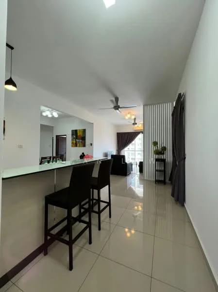 Living features: white painted walls, glossy ceramic tile flooring, 5-blade ceiling fan with light, pendant lighting, sofa, dining table with chairs, large windows with sheer curtains, decorative wall paneling, indoor plants, area rug; style: modern; view: city.