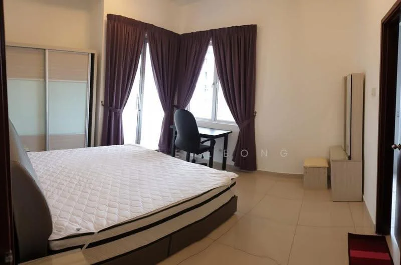 Bedroom features: queen-size bed, upholstered headboard, floor-to-ceiling windows, sheer curtains, study desk, office chair, wooden stool, light-colored walls, tile flooring, dark curtains, built-in wardrobe; style: modern.