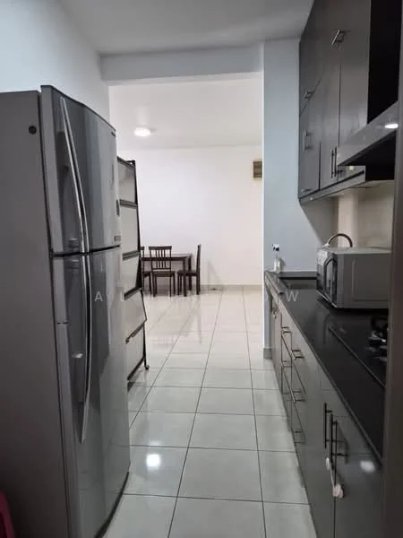 Kitchen features: stainless-steel fridge, black countertop, grey cabinetry, built-in microwave, ceramic tile flooring, white walls, recessed downlights, kitchen sink, open layout to dining area, dining table visible in background; style: modern.