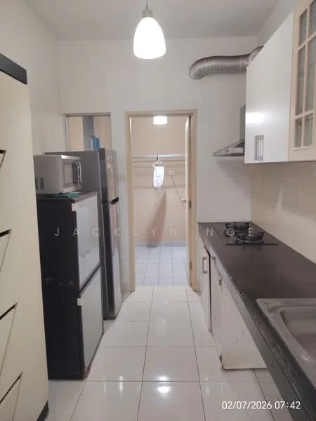 Kitchen features: white cabinetry with glass-front upper cabinets, black granite countertop, stainless-steel sink, chrome pull-down faucet, built-in oven, freestanding fridge, microwave, tile flooring, recessed downlights, ventilation duct, open layout to hallway; style: modern. Room features: tile flooring, light fixture, open doorway to hallway.