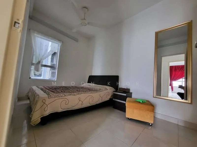 Bedroom features: queen-size bed with patterned bedspread, upholstered headboard, nightstand with drawer, orange ottoman, full-length mirror, ceiling fan, window with sheer curtains, tile flooring, white painted walls; style: modern.