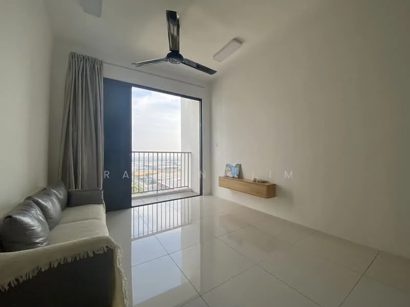 Living features: grey leather sofa, white painted walls, white tiled flooring, ceiling fan, floor-to-ceiling sliding glass door, curtains, wall-mounted shelf, city view; style: modern; view: city.