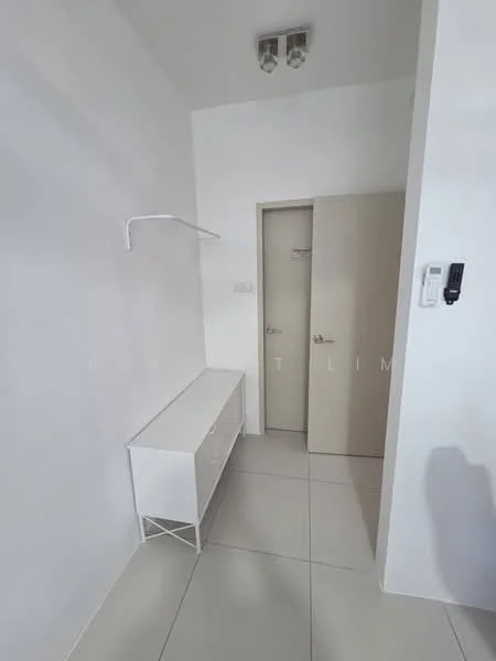 Room features: white painted walls, light-colored door, white storage cabinet, tile flooring, recessed ceiling lights, wall-mounted coat rack, door frame, intercom panel; style: modern.