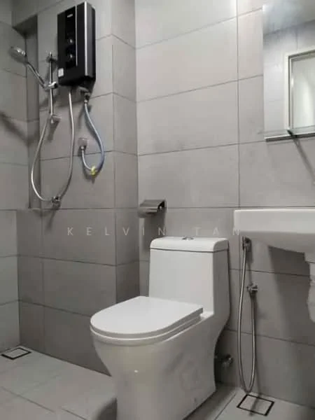 Bathroom features: grey tiled walls, grey tiled flooring, one-piece toilet, chrome basin mixer faucet, wall-mounted mirror, shower area with glass partition, handheld shower, water heater, toilet paper holder, sink with pedestal, shower head, wall-mounted soap dispenser; style: modern.