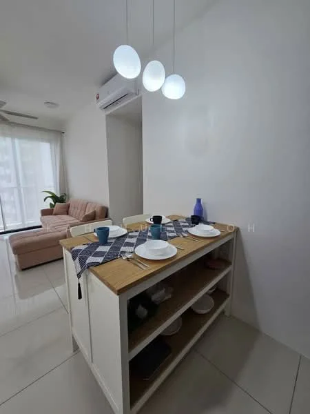 Dining features: wooden dining table with open shelving, 3 pendant lights with round shades, white walls, ceramic tile flooring, air conditioning unit on wall, decorative table runner, blue ceramic cups, white plates, green plant in background, sofa visible in background; style: modern.