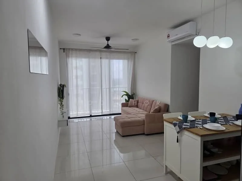 Living features: light grey sectional sofa, white walls, glossy tile flooring, 5-blade ceiling fan, recessed downlights, floor-to-ceiling windows, sheer curtains, decorative wall mirror, indoor plant, open layout to kitchen, dining table with tableware; style: modern; view: city.