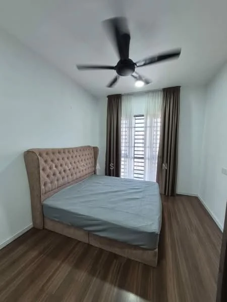Bedroom features: king-size bed, upholstered headboard, ceiling fan, wooden flooring, white painted walls, floor-to-ceiling windows, sheer curtains, dark brown curtains; style: modern.
