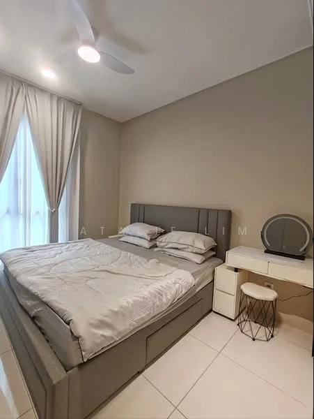 Bedroom features: king-size bed with grey upholstered headboard, white bedding, two white pillows, white bedside table, round decorative stool, mirror on the bedside table, floor-to-ceiling window with sheer curtains, light grey painted walls, recessed downlights, ceiling fan; style: modern.