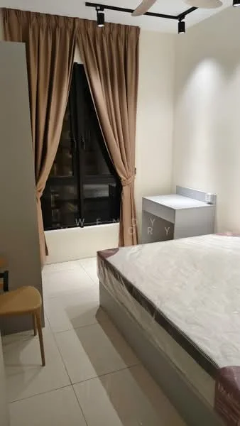 Bedroom features: queen-size bed, beige bed frame, white mattress, floor-to-ceiling window, blackout curtains, light grey bedside table, white wall, white tiled flooring, ceiling fan with light, two wooden chairs; style: modern.