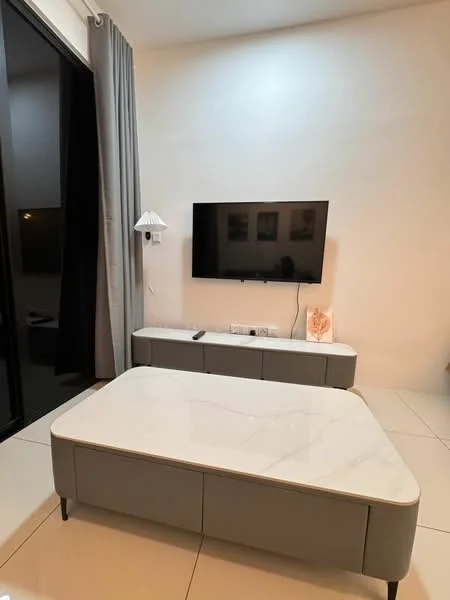 Living features: grey low-profile coffee table with marble top, wall-mounted flat-screen TV, light grey media console, floor-to-ceiling windows, sheer curtains, recessed lighting, light fixture with lampshade, cream painted walls, large format tile flooring; style: modern.