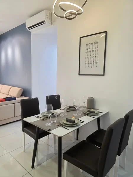 Dining features: 4-seater dining table, white tabletop, black dining chairs, decorative placemats, wine glasses, cutlery, wall-mounted air conditioning unit, framed artwork on wall, grey accent wall, white painted walls, tile flooring; style: modern.
