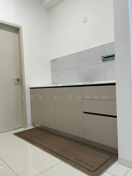 Kitchen features: light grey cabinetry, white countertop, ceramic tile flooring, grey tiled backsplash, single-bowl stainless-steel sink, chrome pull-down faucet, built-in cabinet with drawers, kitchen rug with 'Kitchen' text; style: modern.