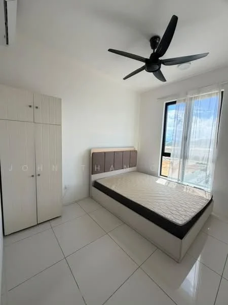 Bedroom features: queen-size bed, upholstered headboard, white tiled flooring, built-in wardrobe with sliding doors, floor-to-ceiling window, sheer curtains, 5-blade ceiling fan, air conditioning unit; style: modern; view: city.