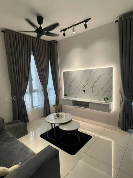 Living features: grey fabric sofa, round coffee table with marble top, black area rug, white marble feature wall, wall-mounted TV console, recessed LED lighting, 5-blade ceiling fan with light, floor-to-ceiling windows with sheer curtains, grey curtains, polished ceramic tile flooring; style: modern; view: city.