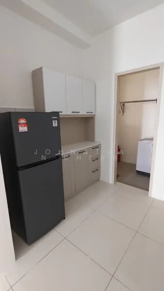 Kitchen features: grey refrigerator, white cabinetry with upper cabinets, countertop with storage below, tile flooring, neutral wall color, open shelving, closet with hanging rod, laundry area with washing machine; style: modern.