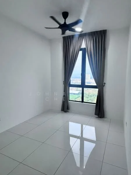 Room features: white painted walls, glossy white tile flooring, floor-to-ceiling window, blackout curtains, 5-blade ceiling fan with light; style: modern; view: city.
