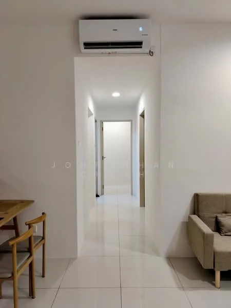 Room features: white painted walls, white ceiling, recessed downlights, 1 wall-mounted split AC, glossy tile flooring, doorway leading to other rooms, dining table with wooden legs, beige fabric sofa; style: modern.