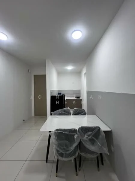 Dining features: white painted walls, tile flooring, 4-seater dining table, grey upholstered dining chairs, recessed LED downlights, open layout to kitchen, kitchen counter visible in background, neutral color scheme; style: modern.
