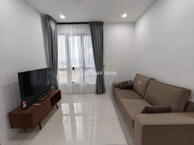 Living features: 3-seater fabric sofa in beige, wooden TV console, wall-mounted TV, floor-to-ceiling windows, sheer curtains, grey curtains, recessed downlights, polished tile flooring, decorative wall, area rug; style: modern; view: city.