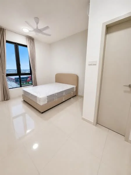 Bedroom features: queen-size bed, light-colored upholstered bed frame, floor-to-ceiling window, sheer curtains, white painted walls, glossy tile flooring, ceiling fan, recessed ceiling lights, built-in wardrobe, neutral color scheme; style: modern; view: city.