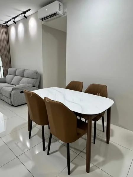 Dining features: white marble dining table, 4 brown upholstered dining chairs, wall-mounted air conditioning unit, grey fabric sofa, white tiled flooring, neutral painted walls, recessed lighting, curtains, decorative wall; style: modern.