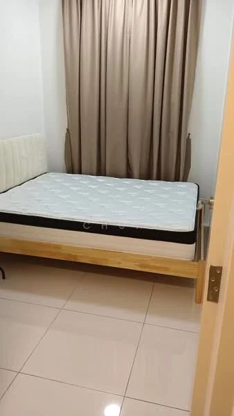 Bedroom features: queen-size bed frame, mattress on bed frame, cream upholstered headboard, beige curtains, white painted walls, glossy ceramic tile flooring, single bedside table, wall-mounted light fixture; style: modern.