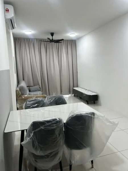 Living features: white painted walls, tile flooring, 5-blade ceiling fan, recessed LED downlights, grey curtains, sofa covered in plastic, coffee table, TV console; style: modern.