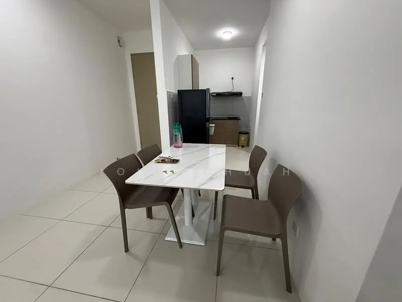 Dining features: white dining table, 4 brown plastic dining chairs, light grey tiled flooring, white painted walls, ceiling light fixture, wall-mounted TV, wooden cabinet, small desk or workstation, doorway leading to another room; style: modern.