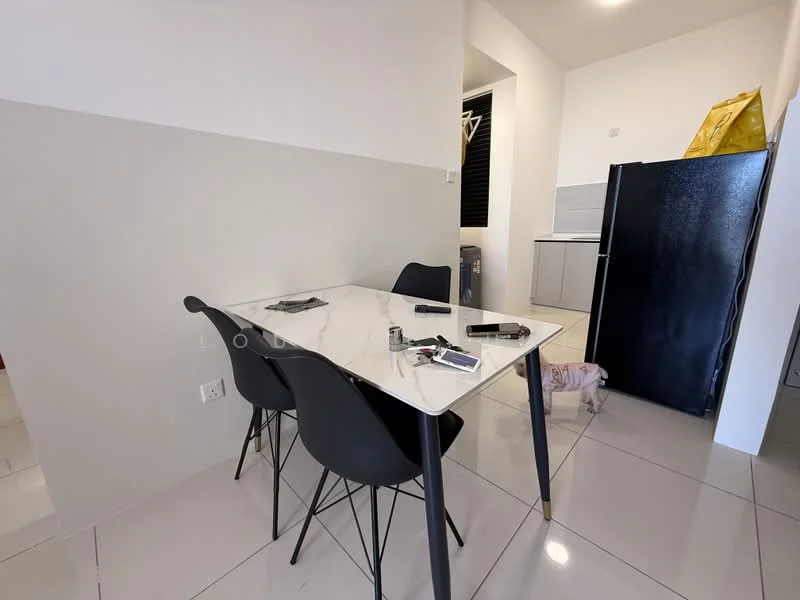 Dining features: white marble dining table, 4 black dining chairs, grey painted walls, white walls, tile flooring, refrigerator, kitchen cabinetry, kitchen countertop, visible kitchen appliances; style: modern.
