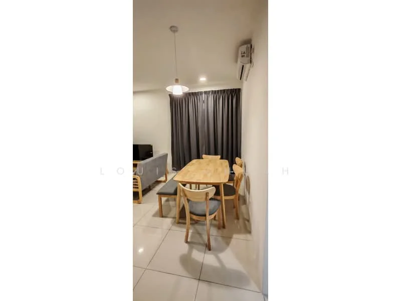 Dining features: dining table with light wood finish, 4 dining chairs with light wood legs, pendant light fixture, grey curtains, wall-mounted split AC, white painted walls, glossy ceramic tile flooring, TV console visible in background, sofa visible in background; style: modern.