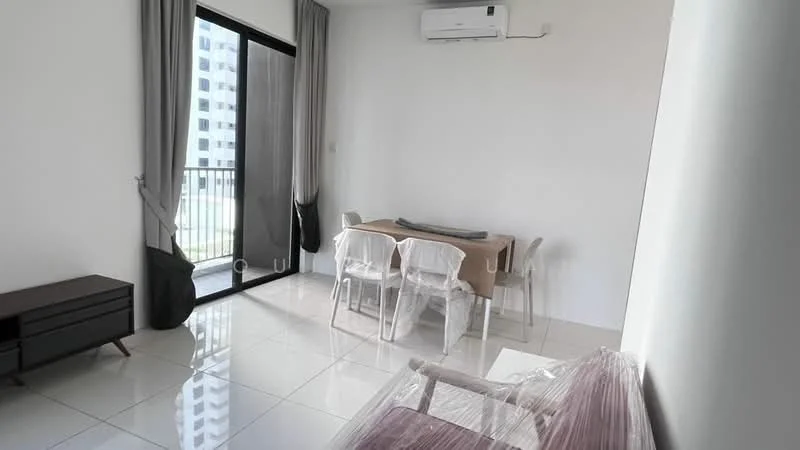 Dining features: white walls, glossy tile flooring, dining table with beige tablecloth, 4 white plastic dining chairs, floor-to-ceiling sliding glass door, curtains in grey, wall-mounted split AC; style: modern; view: garden. Room features: grey accent wall, wooden sideboard, decorative items on sideboard.
