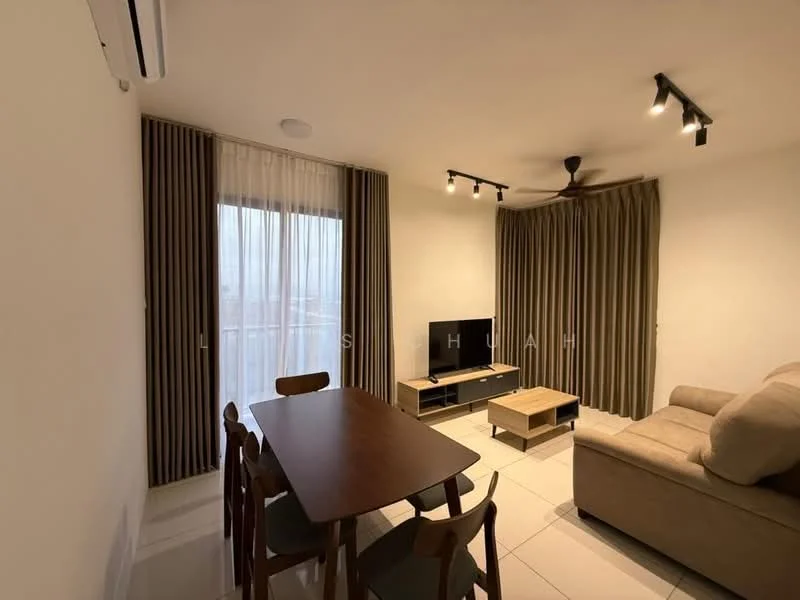 Living features: cream painted walls, white ceiling, recessed LED downlights, 5-blade ceiling fan with light, floor-to-ceiling windows, sheer curtains, brown fabric sofa, wooden coffee table, TV console, wall-mounted TV, dining table with 6 chairs, tile flooring; style: modern; view: city.