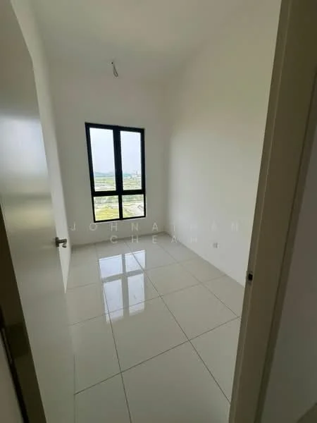 Room features: white painted walls, glossy tile flooring, floor-to-ceiling windows, city view, single light fixture on ceiling; style: modern; view: city.