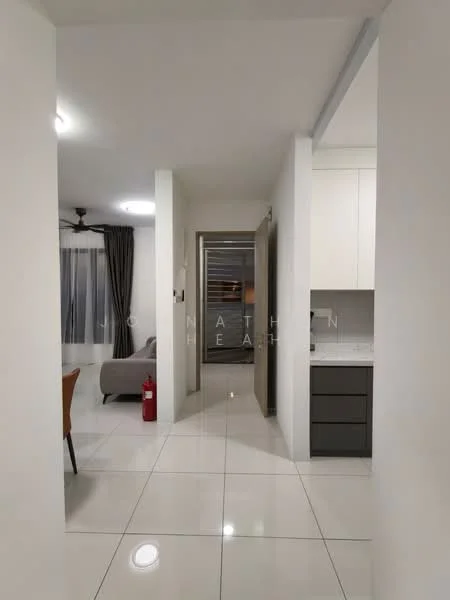 Room features: white painted walls, glossy tile flooring, recessed downlights, ceiling fan, curtains, grey sofa, dining chair, fire extinguisher, doorway leading to another room, kitchen cabinetry visible in background; style: modern.