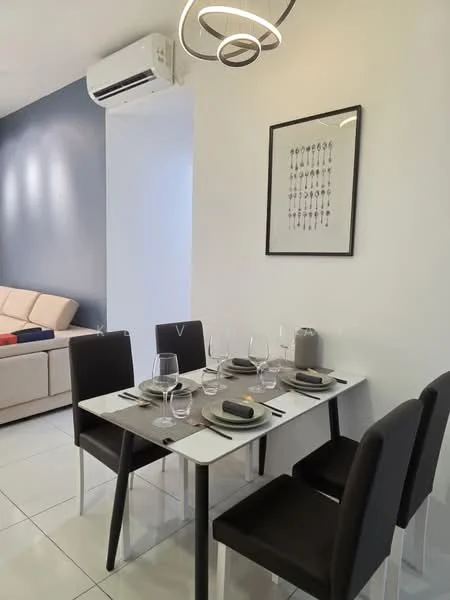 Dining features: 4-seater dining table, white tabletop, black legs on table, black upholstered dining chairs, decorative placemats, wine glasses, cutlery set, wall-mounted air conditioning unit, framed artwork on wall, light fixture with circular design, white painted walls, grey accent wall; style: modern.